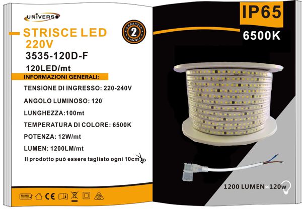 Striscia Led 12w 220V 120 Led /mt Luce Fredda 6500k 3535-120D-F