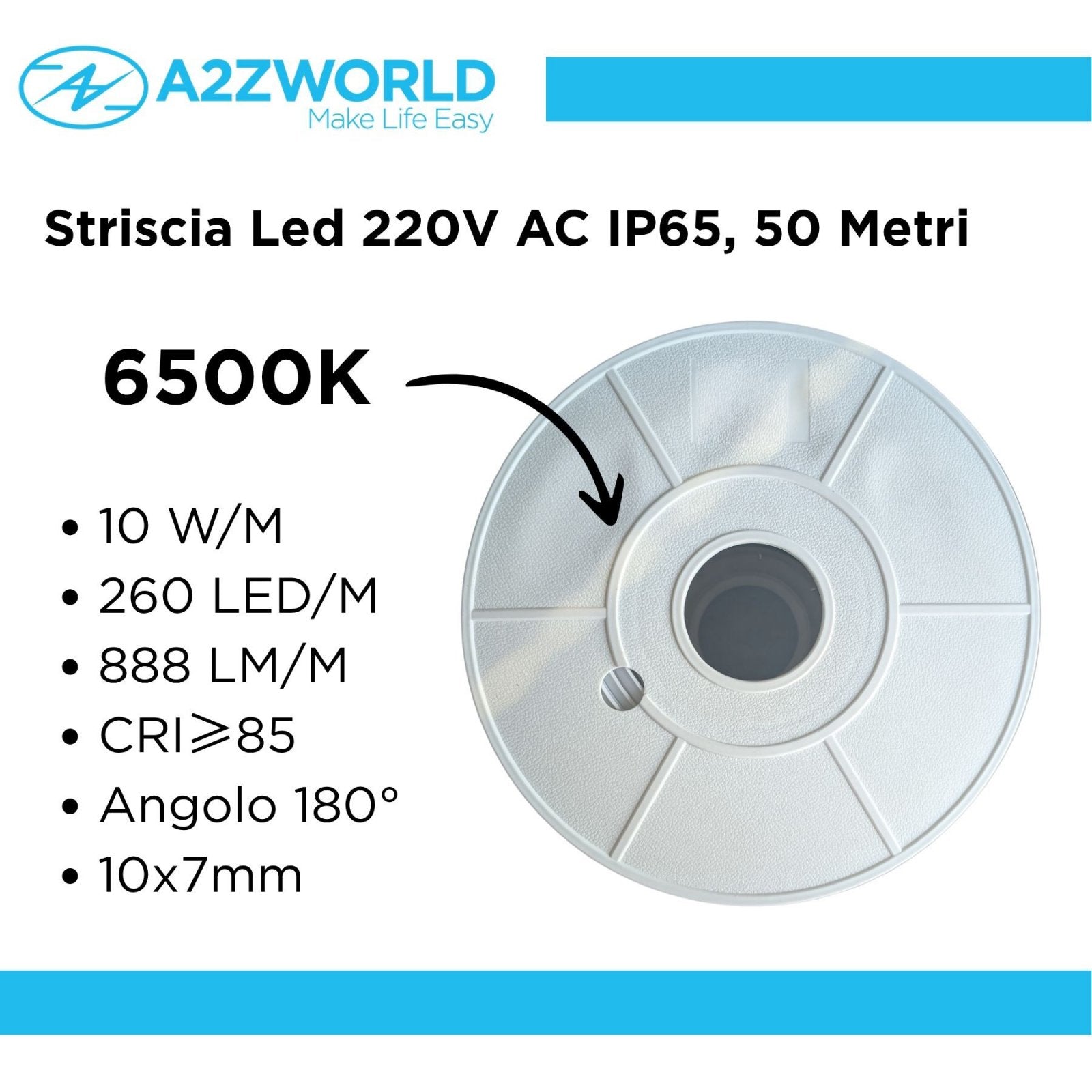 Striscia Led 220V AC IP65 Da 50 Metri, Bianco Freddo 6500K, 10W/M 260LED/M 888LM/M, Tagliabile Ogni 5cm, CRI≥85 10X7mm, Angolo 180°, IP65, Tanti Accessori Inclusi