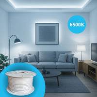 Striscia Led 220V AC IP65 Da 50 Metri, Bianco Freddo 6500K, 10W/M 260LED/M 888LM/M, Tagliabile Ogni 5cm, CRI≥85 10X7mm, Angolo 180°, IP65, Tanti Accessori Inclusi