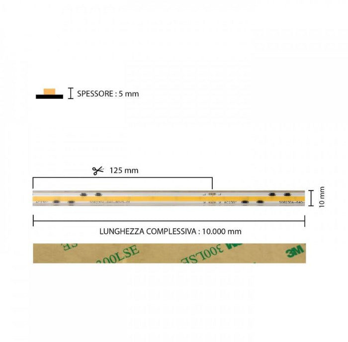 Striscia Led 220V Cob 15w Metro Alta Luminosita' Luce Fredda 6000k1800 LM Taglio 12,5 cm da Esterno IP67