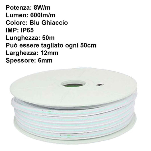 50M Striscia Led COB 8W/M 220V-240V 600lm IP65 CRI=80 Angolo 180° Colore Luce Blu Ghiaccio