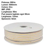 50M Striscia Led COB 8W/M 220V-240V 600lm IP65 CRI=80 Angolo 180° Colore Luce Oro