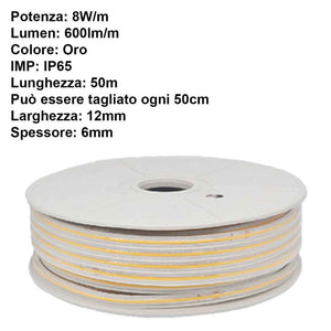 50M Striscia Led COB 8W/M 220V-240V 600lm IP65 CRI=80 Angolo 180° Colore Luce Oro