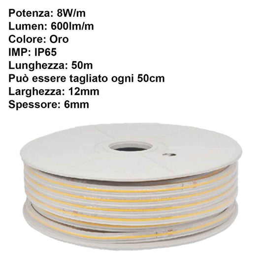50M Striscia Led COB 8W/M 220V-240V 600lm IP65 CRI=80 Angolo 180° Colore Luce Oro