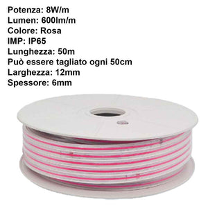 50M Striscia Led COB 8W/M 220V-240V 600lm IP65 CRI=80 Angolo 180° Colore Luce Rosa