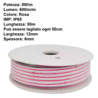 50M Striscia Led COB 8W/M 220V-240V 600lm IP65 CRI=80 Angolo 180° Colore Luce Rosa