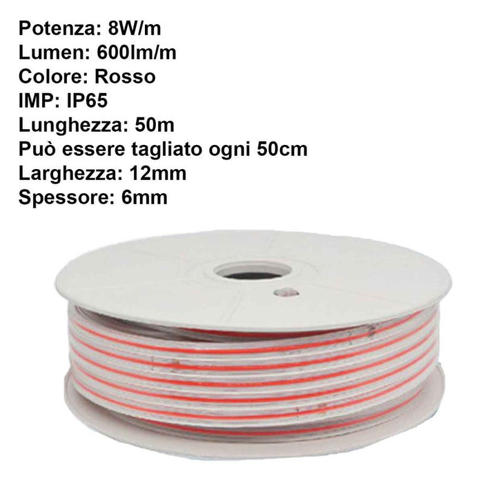 50M Striscia Led COB 8W/M 220V-240V 600lm IP65 CRI=80 Angolo 180° Colore Luce Rossa