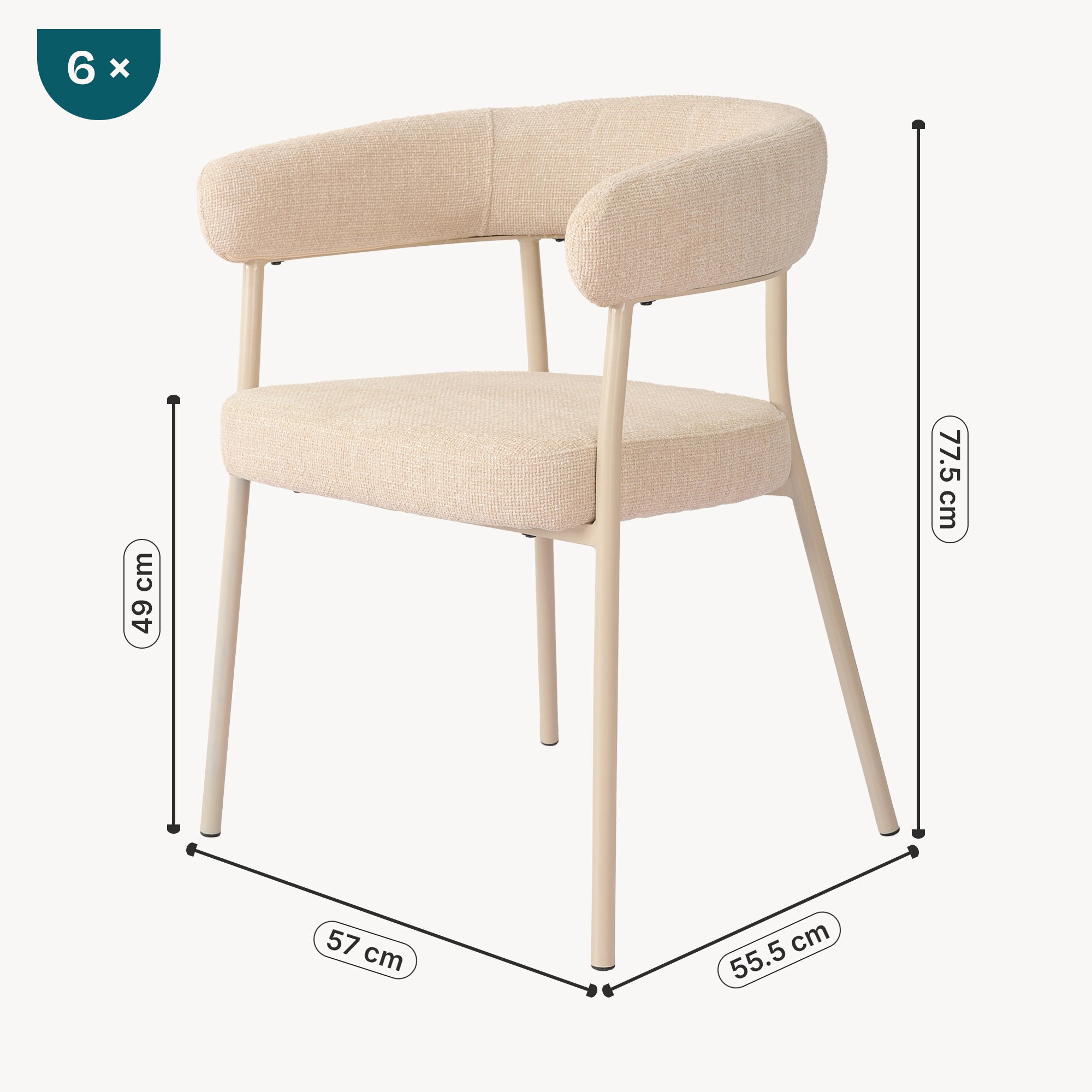 Set di 6 Sedie Huk Imbottite Schienale a Fascia Continua Rivestimento in Tessuto - Beige [en.casa]