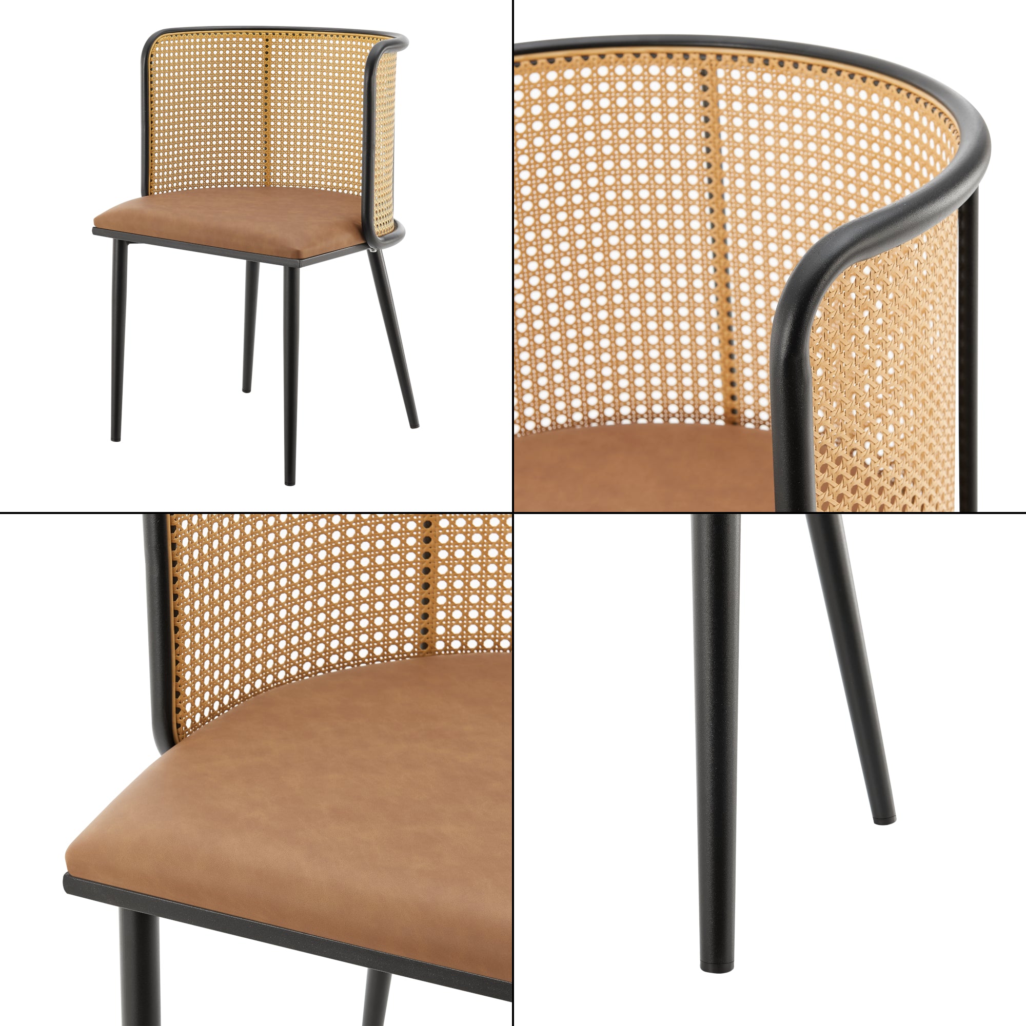 Set di 2 Sedie 'Flen' Sedute in Similpelle Schienale in Rattan - Marrone / Nero [en.casa]