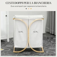 Portabiancheria a 2 Cesti con Coperchio in Bambù e Poliestere, 55x40x62 cm, Grigio e color Legno