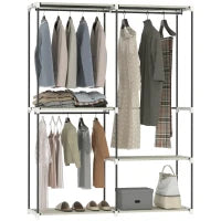 Armadio per Abiti Aperto con 4 Ripiani in Tessuto, 3 Barre per Appendere e Struttura in Metallo 142x43x185 cm Crema