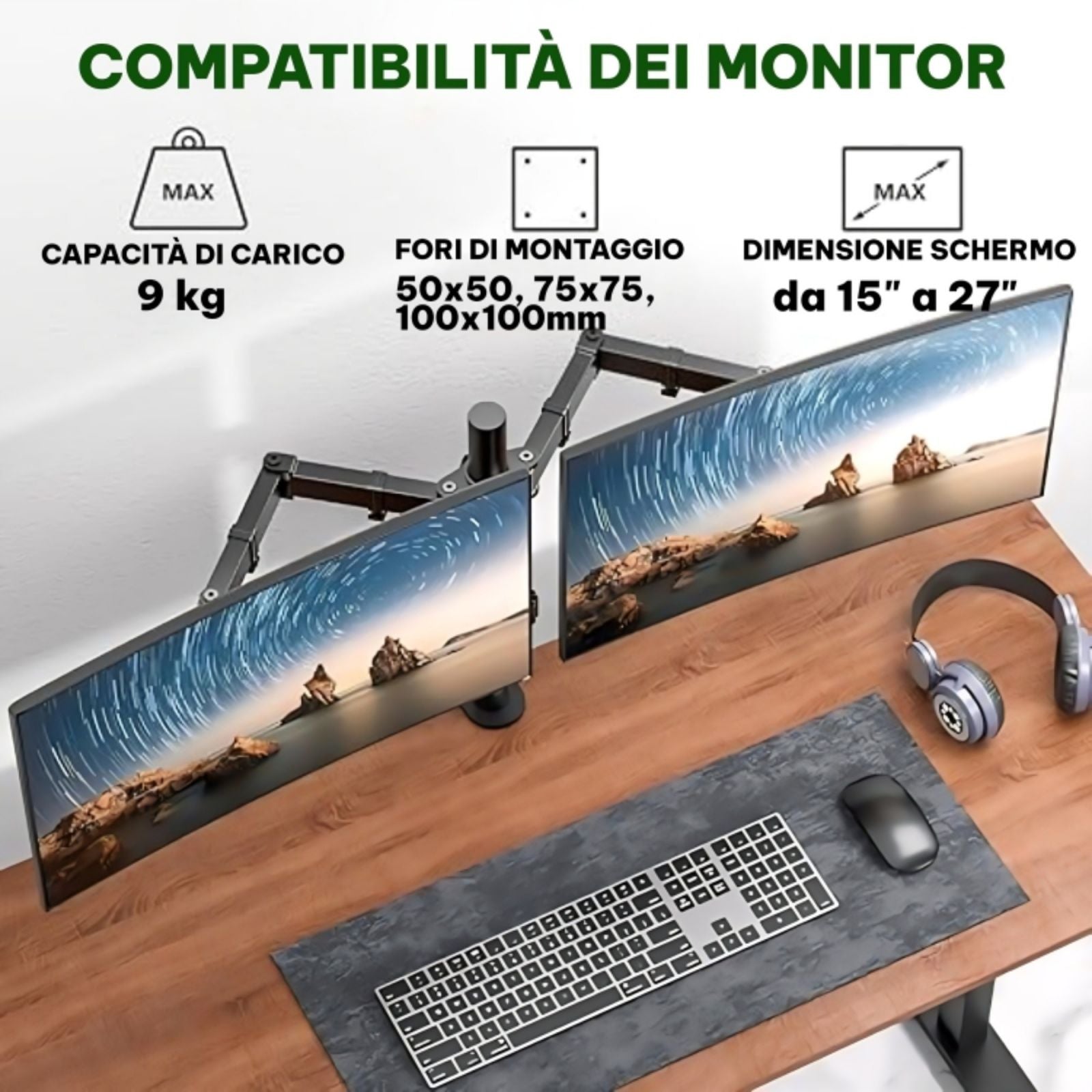 Supporto Doppio Monitor con Braccio Regolabile VESA 15–27" | Bracci Regolabili 9 kg ±90° - 2318507