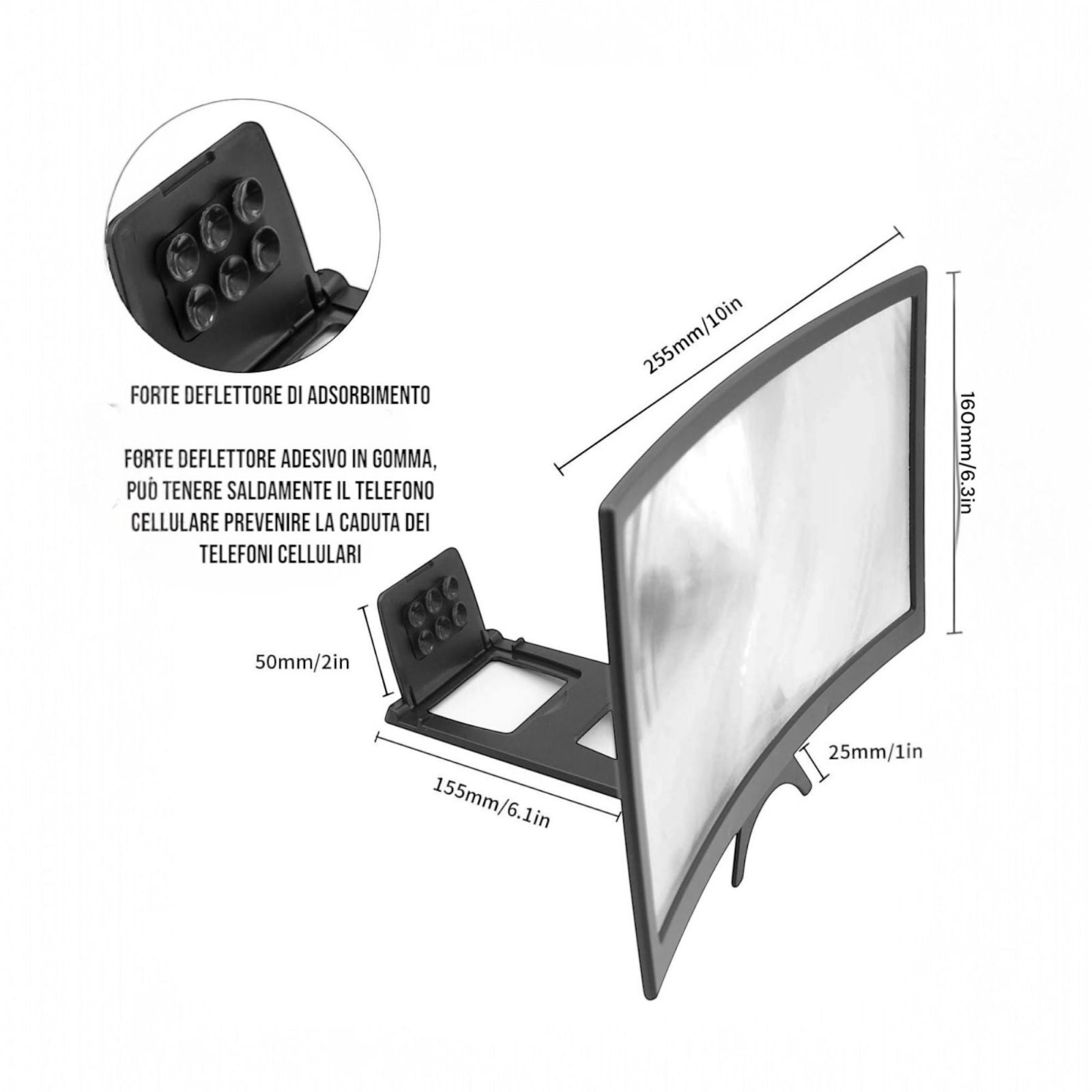 Supporto Lente Ingrandimento Schermo per Smartphone Telefono Curvo  12" 3D