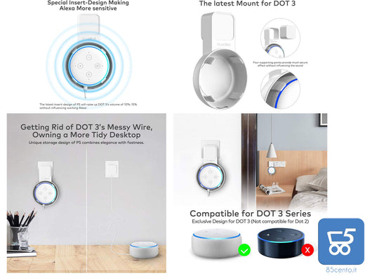 Supporto a Muro per Amazon Alexa Dot 3a Generazione, Migliore qualità del suono dell'altoparlante Dot, Gestione dei cavi integrata senza viti (Bianco)