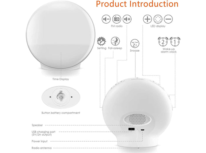 Sveglia da Comodino Digitale Luminosa Smart per Bambini Luce Notturna Led con Doppia Sveglia FM Radio 7 Colori 7 Suoni Naturali - Demo espositiva priva di confezione