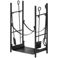 Portalegna da Interno ed Esterno in Metallo a 2 Ripiani, Porta Legna per Interni con Supporti Rimovibili, Paletta, Scopa, Attizzatoio e Pinza, 44.5x29.5x73 cm, Nero