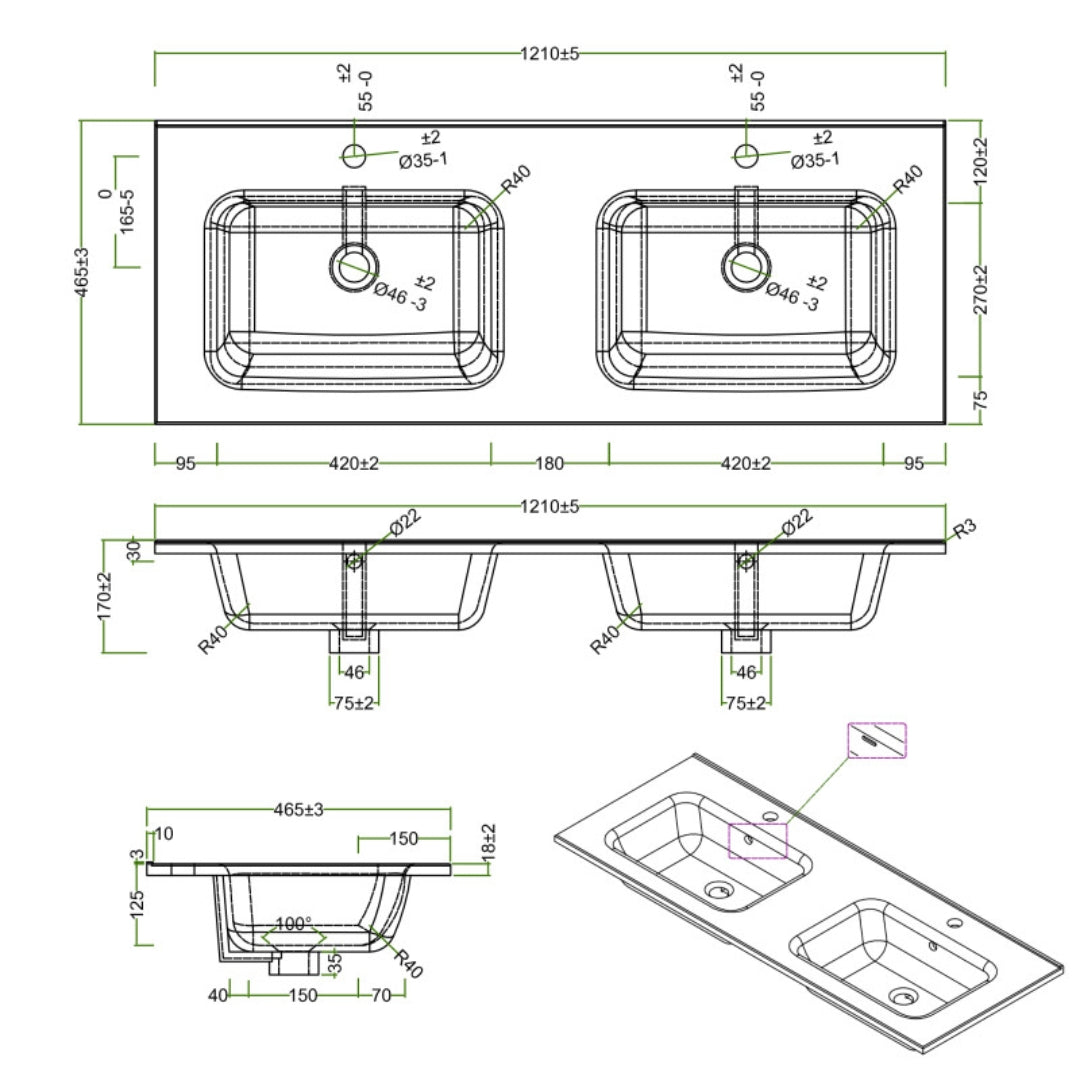 Lavabo ad incasso in ceramica bianco lucido per mobili bagno *** misure 121x46 cm, confezione 1