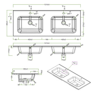 Lavabo ad incasso in ceramica bianco lucido per mobili bagno *** misure 121x46 cm, confezione 1