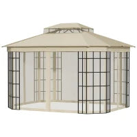Gazebo da Giardino con Zanzariera, Tetto a 2 Livelli e Struttura in Metallo, 3.7x3m, Beige