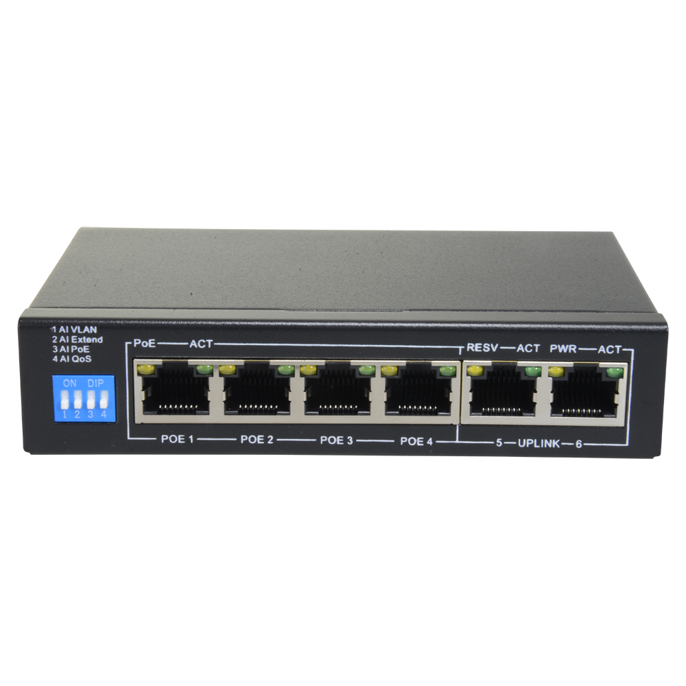 Switch PoE 4 porte PoE + 2 Uplink RJ45 Velocità fino a 1000 Mbps su tutte le porte<br />Fino 60W in totale per tutte le porte