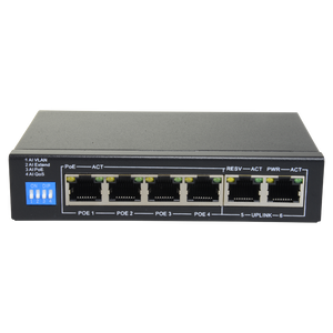 Switch PoE 4 porte PoE + 2 Uplink RJ45 Velocità fino a 1000 Mbps su tutte le porte<br />Fino 60W in totale per tutte le porte