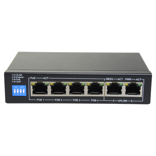 Switch PoE 4 porte PoE + 2 Uplink RJ45 Velocità fino a 1000 Mbps su tutte le porte<br />Fino 60W in totale per tutte le porte