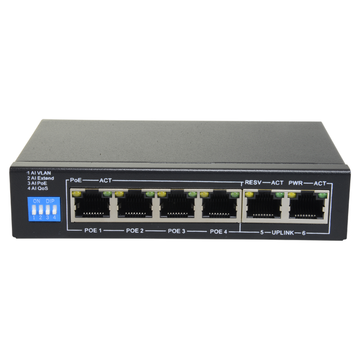 Switch PoE 4 porte PoE + 2 Uplink RJ45 Velocità fino a 1000 Mbps su tutte le porte<br />Fino 60W in totale per tutte le porte