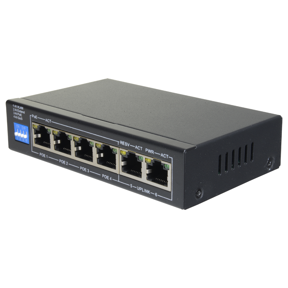 Switch PoE 4 porte PoE + 2 Uplink RJ45 Velocità fino a 1000 Mbps su tutte le porte<br />Fino 60W in totale per tutte le porte