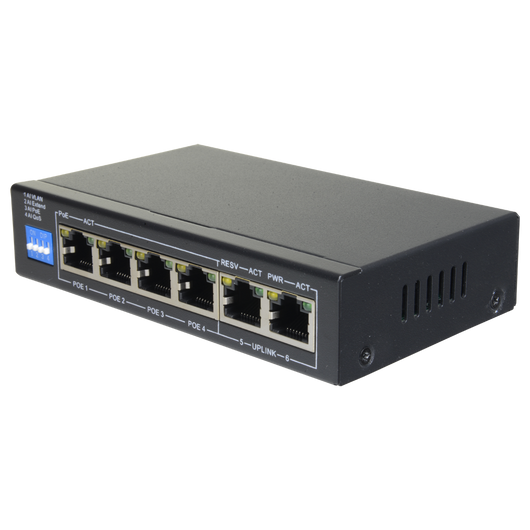 Switch PoE 4 porte PoE + 2 Uplink RJ45 Velocità fino a 1000 Mbps su tutte le porte<br />Fino 60W in totale per tutte le porte