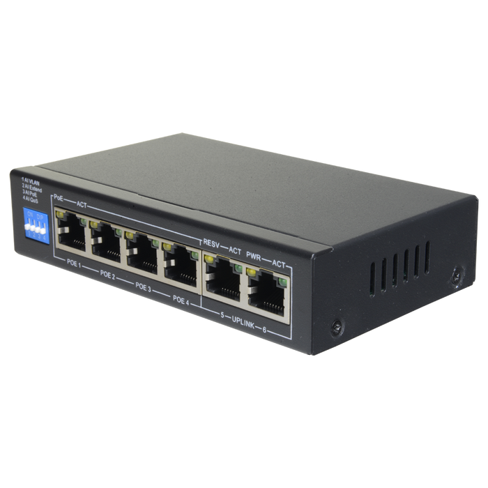 Switch PoE 4 porte PoE + 2 Uplink RJ45 Velocità fino a 1000 Mbps su tutte le porte<br />Fino 60W in totale per tutte le porte