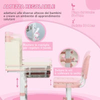 Set Scrivania e Sedia per Bambini da 3 Anni Regolabile, Tavolo Inclinabile a 60° con Cassetto e Ripiani, Rosa