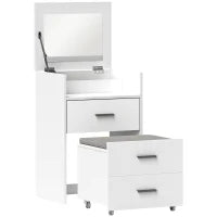 Tavolo da Trucco in Legno con Specchio Ribaltabile, 2 Cassetti e Sgabello, 50x40x113.5 cm, Bianco