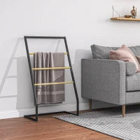 Portasciugamani a 4 Sbarre in Acciaio e Bambù, 60x35x102 cm, Nero e color Legno