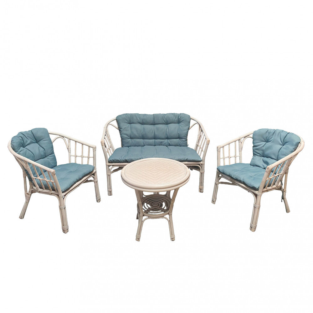 SALOTTO IN RATTAN COLORE BIANCO E AZZURRO TURKS 2 P C/CUSCINI