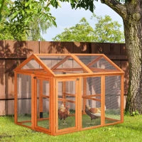 Gabbia per Galline in Legno con Porte Multiple e Rete in Metallo, 140x88.5x106cm, Arancione