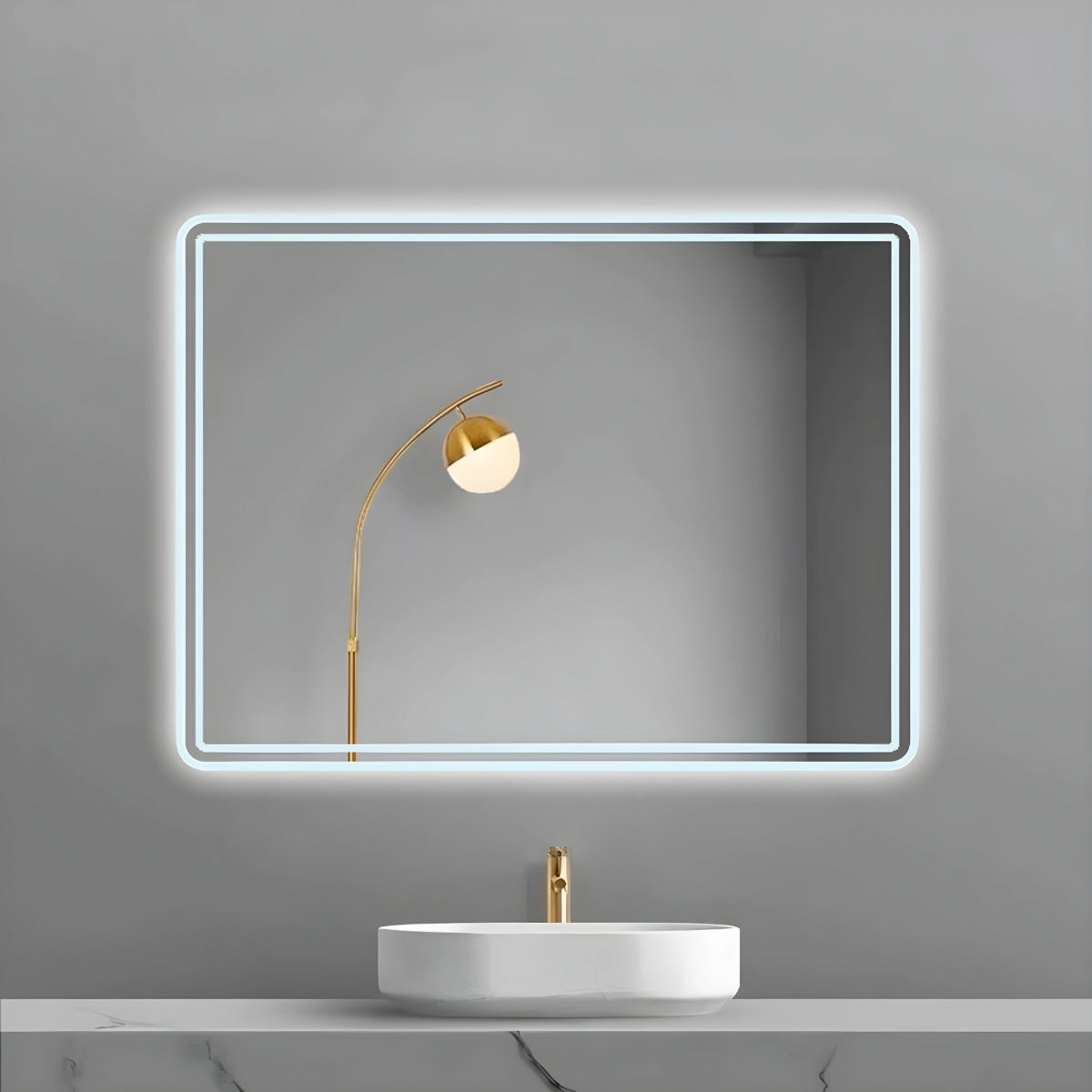 Specchio 5mm rettangolare smussato doppia cornice led interruttoretouch *** misure 80x60 cm, tonalità standard 6000-...