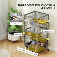 Gabbia per Piccoli Animali a 4 Livelli con Rampe, Piattaforme, Amaca e Ruote, 52x52x115 cm, Grigio