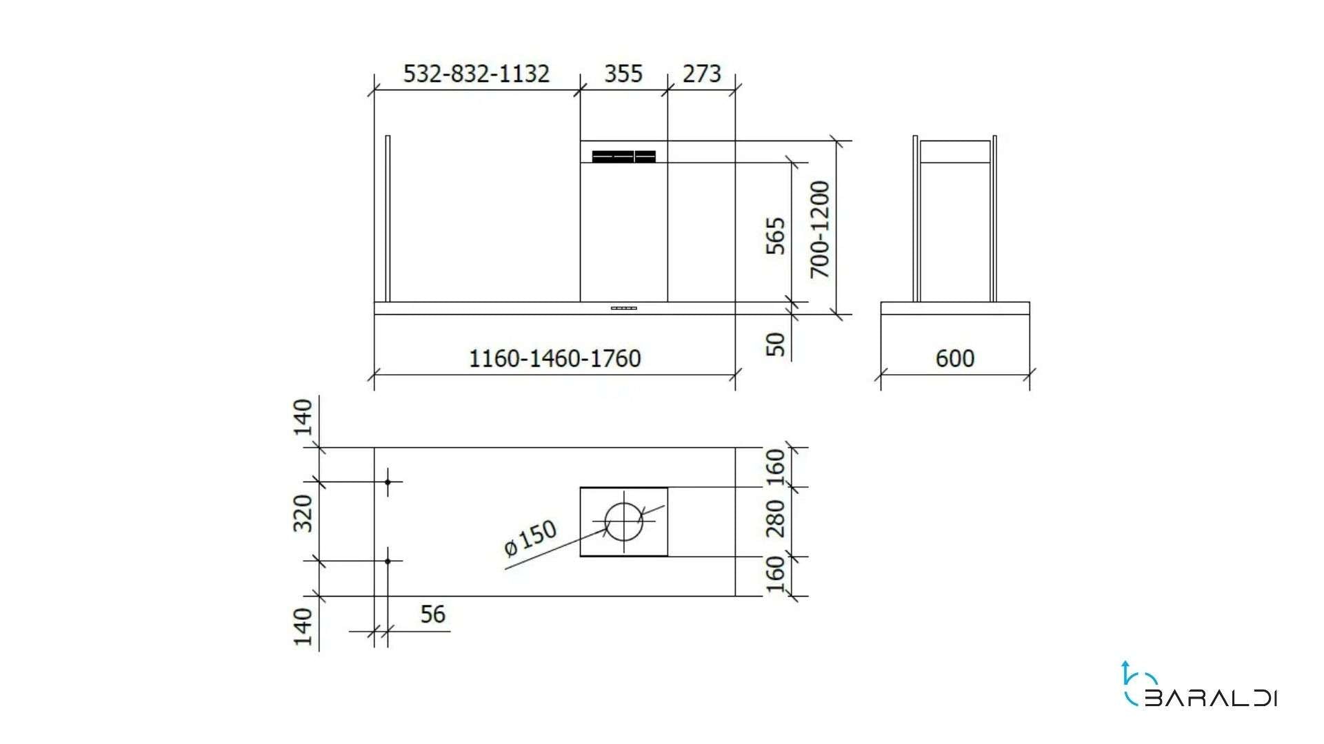CAPPA ELEA ISOLA cm 116x60 camino destro - Nera - 800 m3/h