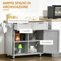 Carrello da Cucina Multiuso in Legno con 2 Cassetti, Armadietto e 4 Ruote, 104x46x91cm, Grigio