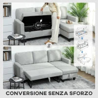 Divano Letto 3 Posti con Chaise e Spazio Contenitore, in Tessuto Effetto Lino, 197x129x85 cm, Grigio e Nero
