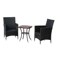 Set Mobili da Giardino in Rattan, Tavolo con 2 Poltroncine con Cuscini, Nero