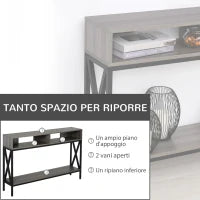 Tavolo Consolle Stile Vintage Industriale con 3 Ripiani e Telaio in Metallo, Grigio e Nero, 120x23.5x75cm