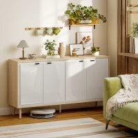 Credenza Moderna a 4 Ante con Ripiano Regolabile, 141x35x77 cm, Bianco Lucido e Rovere