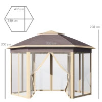 Gazebo Pieghevole da Giardino 4x3.4 m ad Altezza Regolabile con Zanzariera e Doppio Tetto, Beige