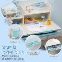 Set Scrivania e Sedia per Bambini da 3 Anni Regolabile, Tavolo Inclinabile a 60° con Cassetto e Ripiani, Blu