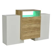 Credenza Moderna con 2 Ante, 2 Ripiani e 3 Cassetti, con Illuminazione a LED, 140x30x77.5 cm, Bianco e Color Legno Naturale