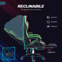 Sedia da Gaming con Altezza Regolabile e Schienale Reclinabile, 65x65x121-129 cm, Nero e Verde