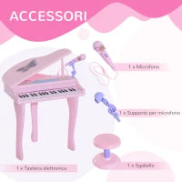 Pianoforte Giocattolo per Bambini , Strumento Musicale Elettrico con 37 Tasti Luminosi, Microfono e Sgabello Inclusi, 48x39x69 cm, Rosa