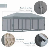 Gazebo da Giardino Pieghevole 6x3 m con 6 Zanzariere e Pulsante, in Acciaio e Poliestere, Grigio