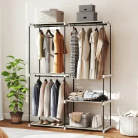 Armadio per Abiti Aperto con 4 Ripiani in Tessuto, 3 Barre per Appendere e Struttura in Metallo 142x43x185 cm Crema